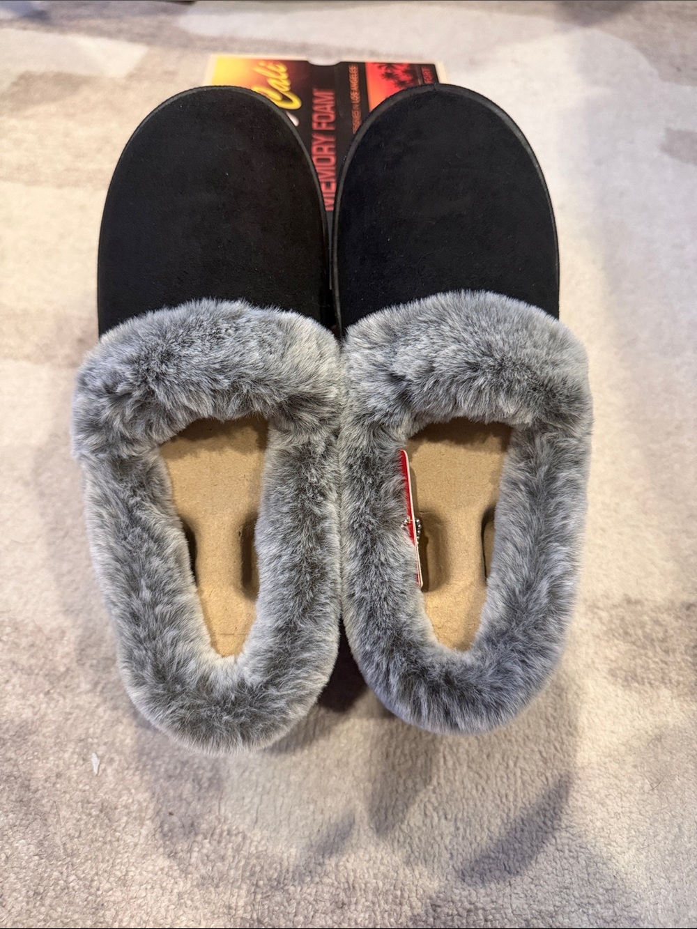 Skechers Black Slip-On Slippers with Gray Faux Fur Trim